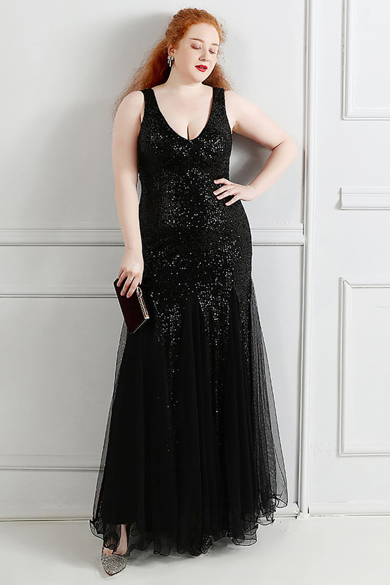 Load image into Gallery viewer, Black V-Neck Sequins Tulle Plus Size Prom Dress