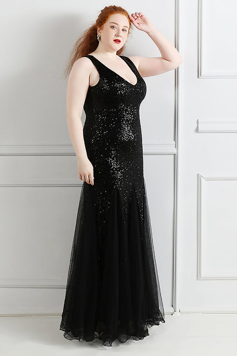 Load image into Gallery viewer, Black V-Neck Sequins Tulle Plus Size Prom Dress