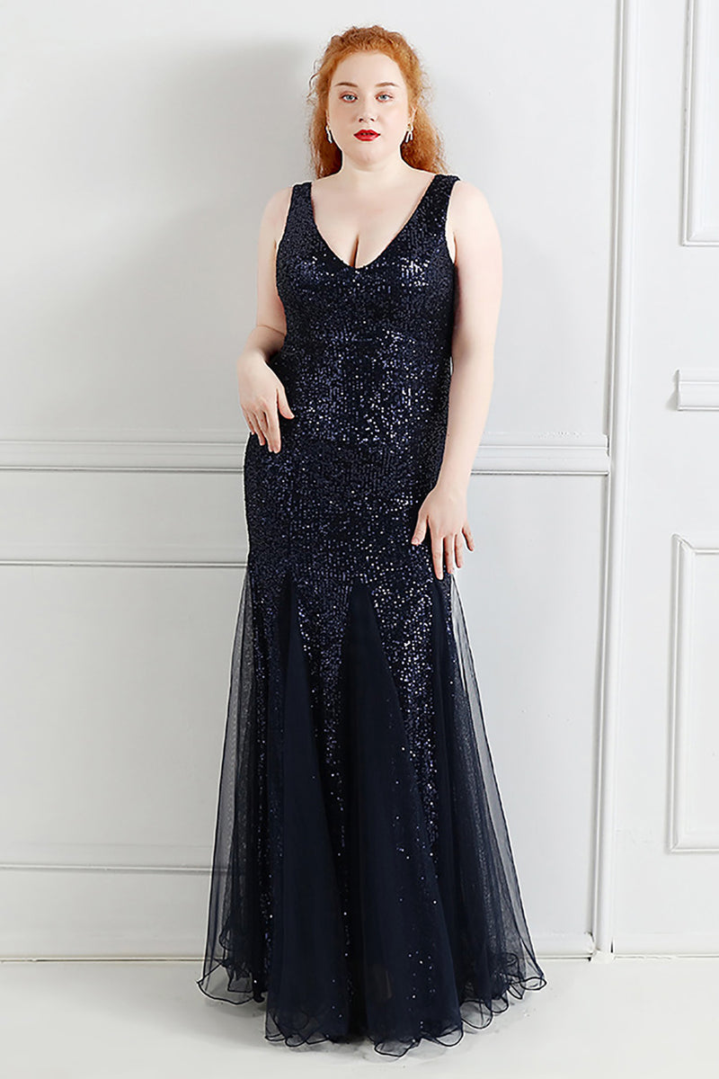 Load image into Gallery viewer, Black V-Neck Sequins Tulle Plus Size Prom Dress