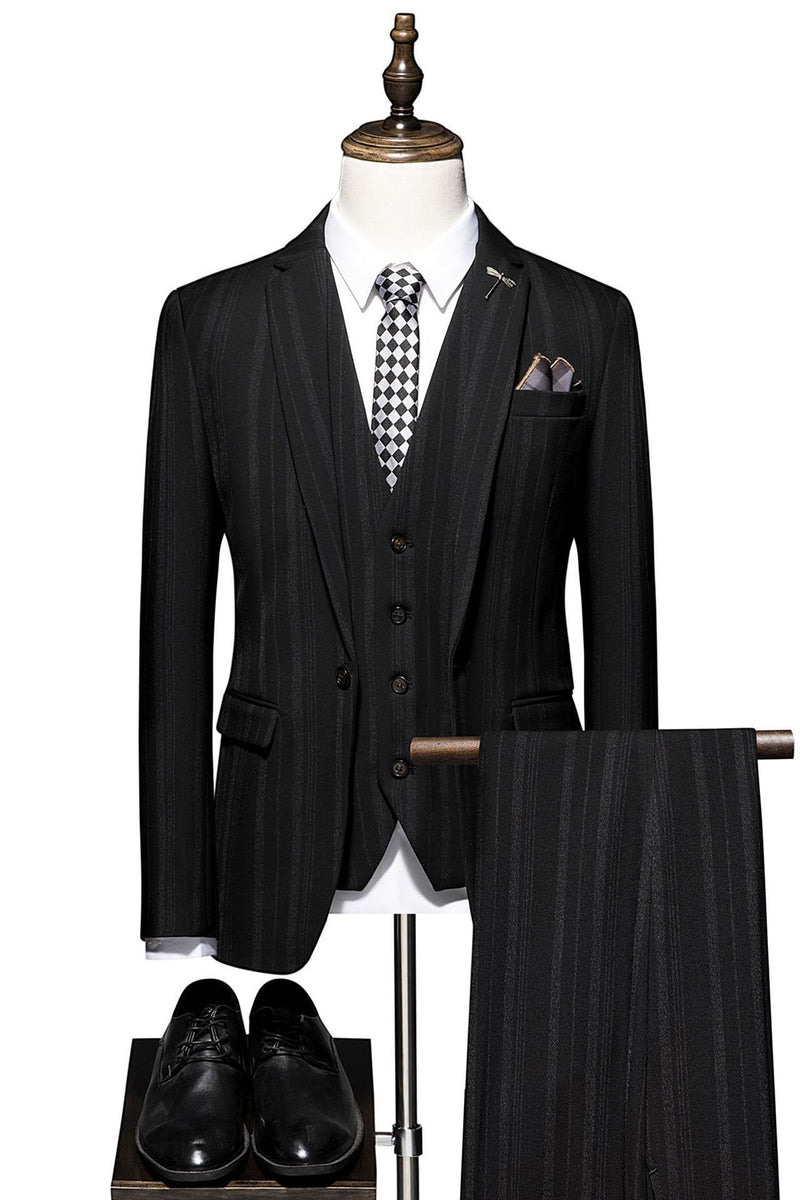 Load image into Gallery viewer, Queendancer Black Stripe Notch Lapel  Men Suits 3 Piece Single Breasted One Button Wedding Suits