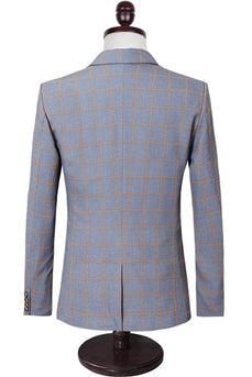 Grey Plaid 3 Piece Notch Lapel 2 Buttons Men Suits