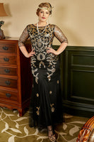 Load image into Gallery viewer, Black Golden Plus Size 1920s Sequins Great Gatsby Dress