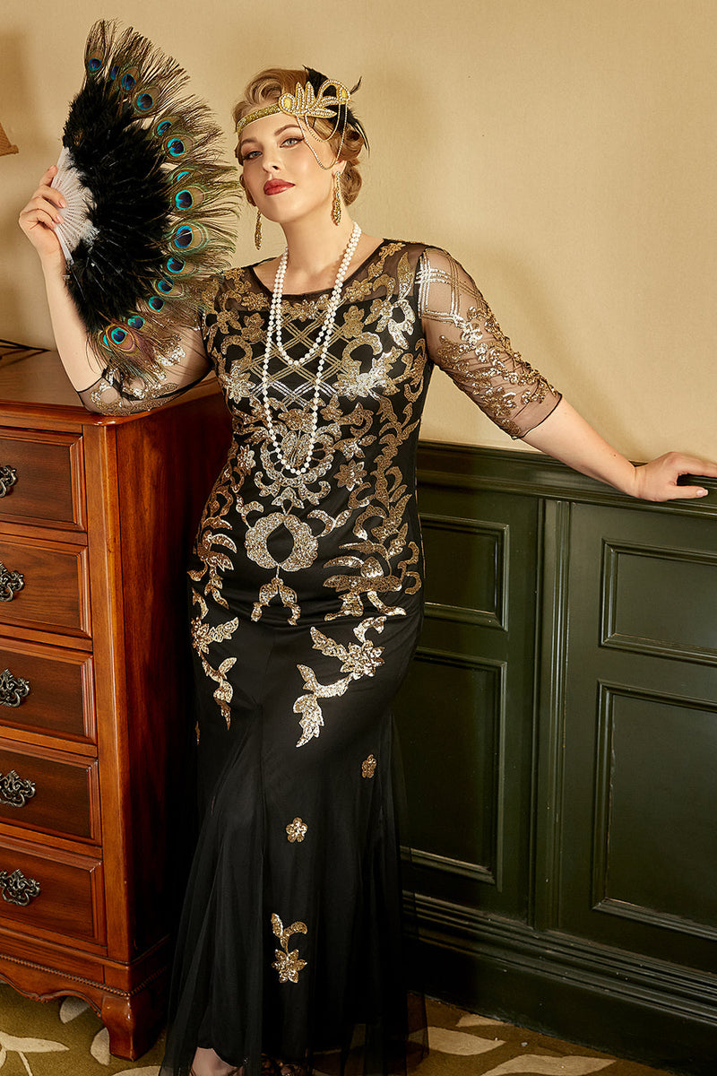 Load image into Gallery viewer, Black Golden Plus Size 1920s Sequins Great Gatsby Dress