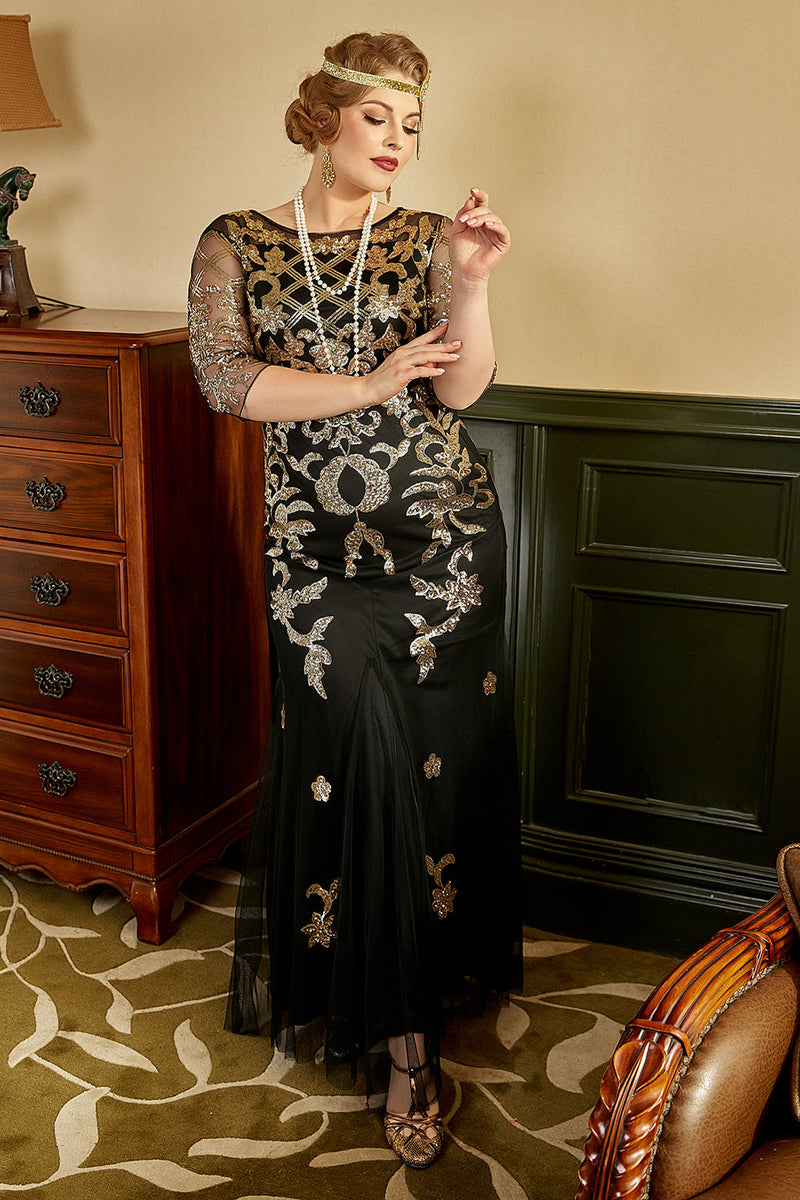Load image into Gallery viewer, Black Golden Plus Size 1920s Sequins Great Gatsby Dress