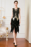 Load image into Gallery viewer, Sparkly Black and Gold V-Neck Sequins 1920s Dress with Fringes