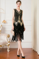 Load image into Gallery viewer, Sparkly Black and Gold V-Neck Sequins 1920s Dress with Fringes