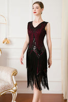 Load image into Gallery viewer, Sparkly Black and Gold V-Neck Sequins 1920s Dress with Fringes