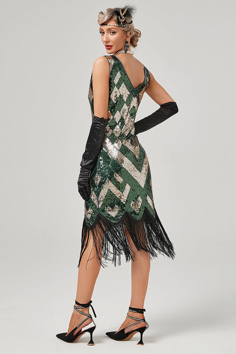 emerald green gatsby dress Queendancer Women 1920s Scoop Neck Sleeveless Flapper Dress With Fringes – queendancer Lane Bryant Elegant Black jaw dropping 20s style Color:Moonlit Dot Neckline:ONE-SHOULDER