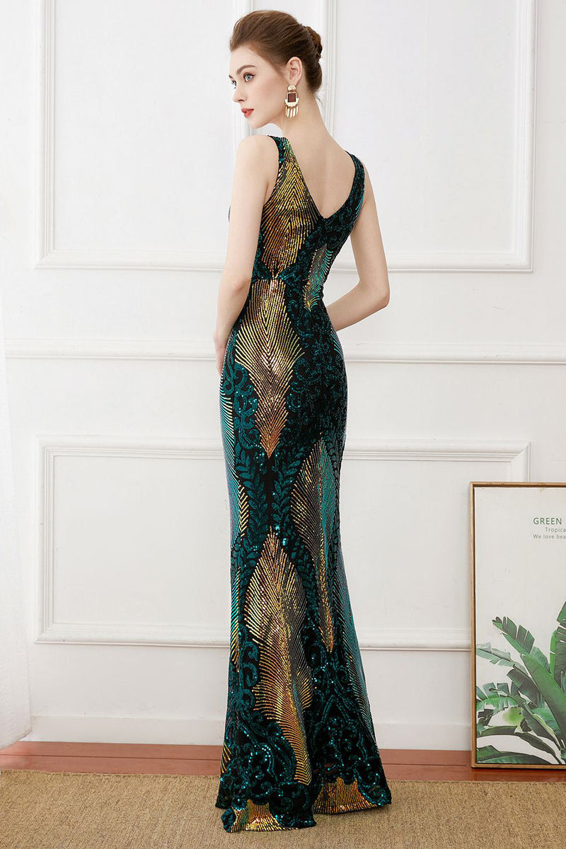 Load image into Gallery viewer, Sparkly Flapper Dress Dark Green Sequins Sheath Long 1920s Dress