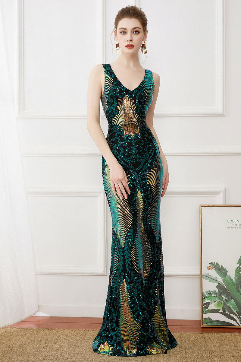 Load image into Gallery viewer, Sparkly Flapper Dress Dark Green Sequins Sheath Long 1920s Dress