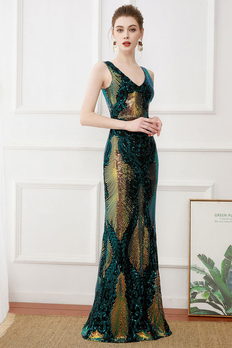 Load image into Gallery viewer, Sparkly Flapper Dress Dark Green Sequins Sheath Long 1920s Dress