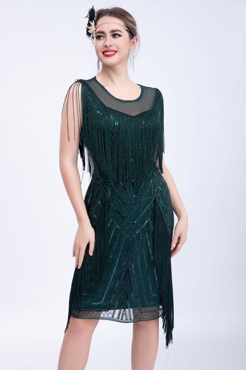 Load image into Gallery viewer, Black Glitter Sequins 1920s Flapper Dress with Fringes