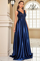 Load image into Gallery viewer, Navy Satin A Line Long Prom Dress