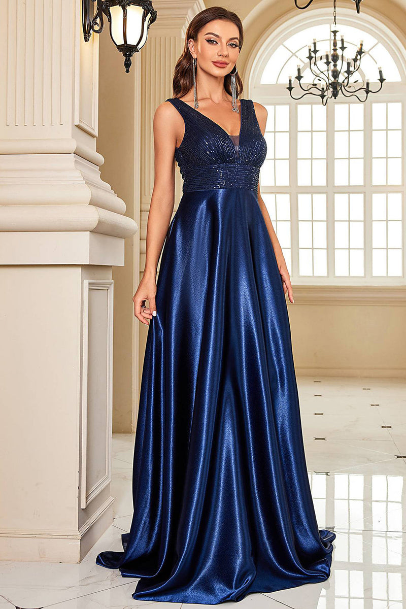 Load image into Gallery viewer, Navy Satin A Line Long Prom Dress