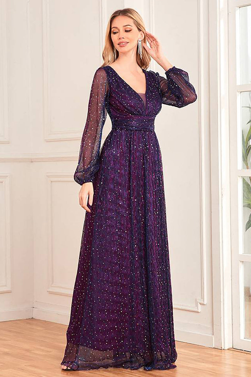 Queendancer Women Dark Purple Long Prom Dress Sparkly Tulle Formal