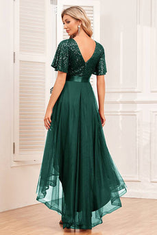Sparkly Dark Green High Low Sequined Prom Dress