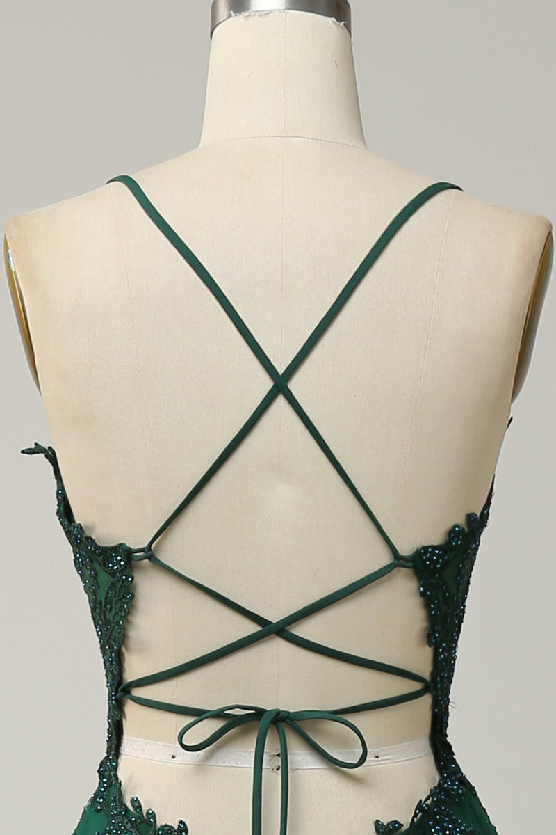 Load image into Gallery viewer, A Line Spaghetti Straps Green Long Prom Dress with Criss Cross Back