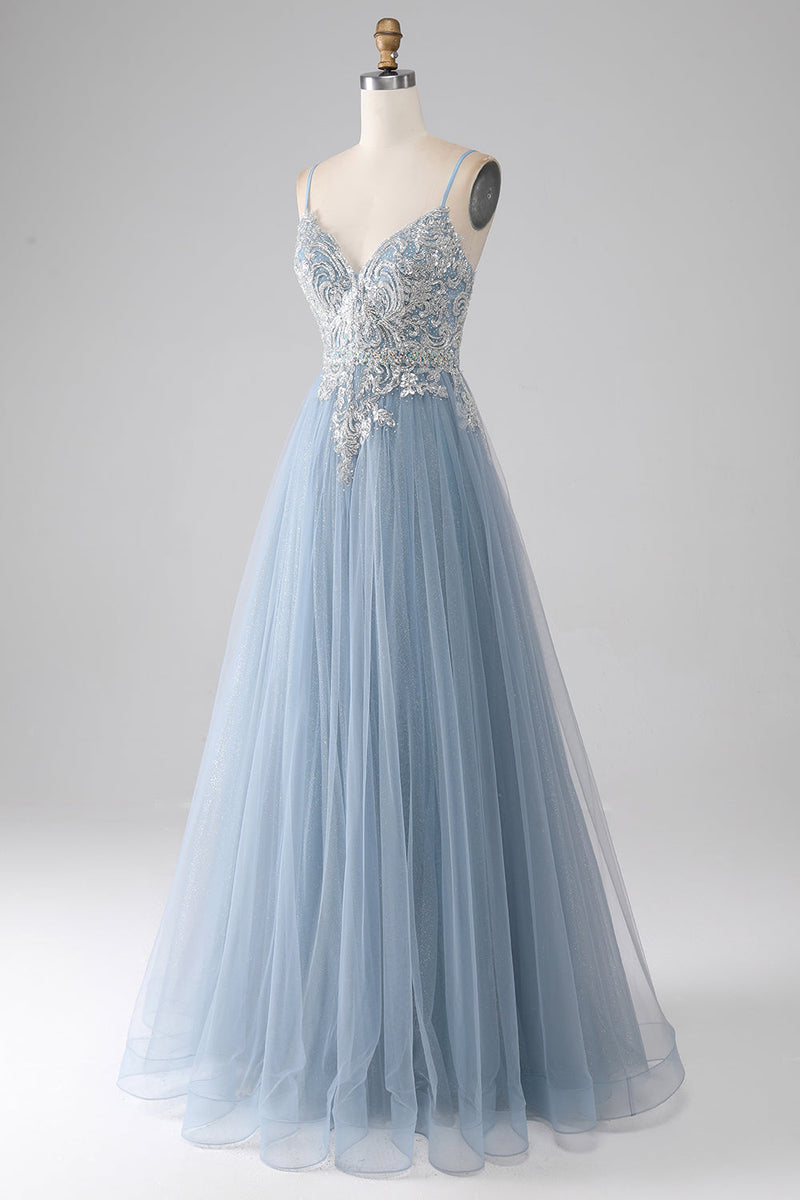 Queendancer Women Grey Blue Prom Dress Mermaid Spaghetti Straps Sparkly