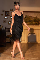 Load image into Gallery viewer, Sparkly Black Spaghetti Straps Roaring 20s Gatsby Flapper Dress