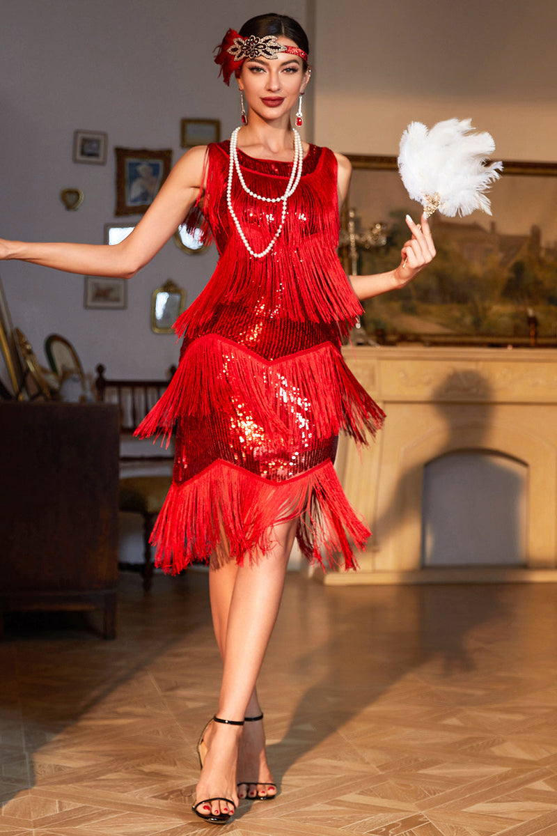 modern gatsby dress Queendancer Women's Sparkly Great Gatsby Dress Red Fringed Roaring 20s Sequins Flapper Dress – queendancer