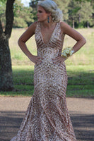 Load image into Gallery viewer, Red Sparkly Deep V Neck Sequin Mermaid Prom Dress