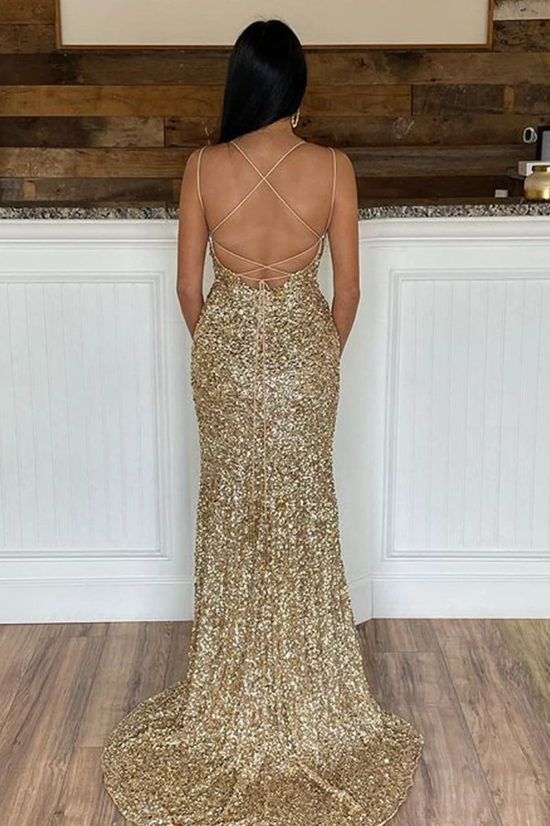 Load image into Gallery viewer, Mermaid Glitter Sequins Sexy Hot Pink Backless Long Prom Dress