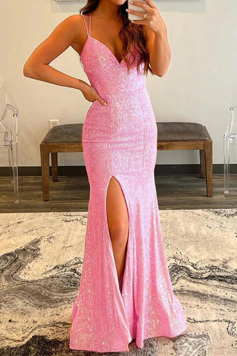 Load image into Gallery viewer, Pink Mermaid Spaghetti Straps Sequins Prom Dress