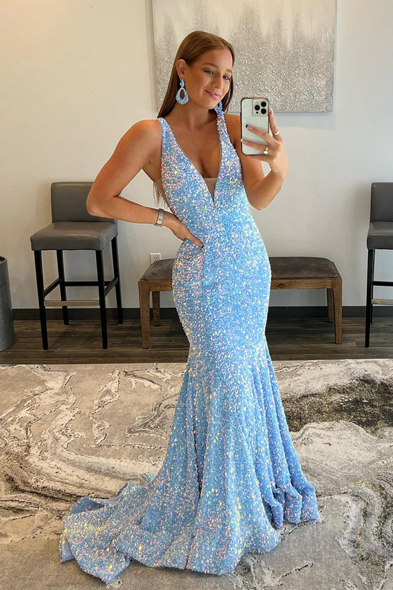 Load image into Gallery viewer, Mermaid Deep V Neck Purple Sequins Prom Dress with Open Back