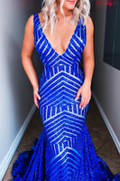 Load image into Gallery viewer, Fuchsia Deep V Neck Sequin Mermaid Prom Dress