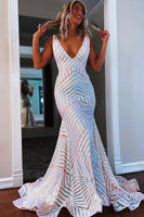 Load image into Gallery viewer, Fuchsia Deep V Neck Sequin Mermaid Prom Dress