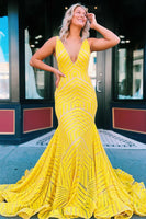Load image into Gallery viewer, Fuchsia Deep V Neck Sequin Mermaid Prom Dress
