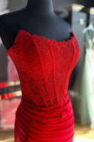 Load image into Gallery viewer, Sparkly Red Sheath Corset Long Prom Dress with Lace
