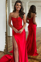 Load image into Gallery viewer, Sparkly Red Sheath Corset Long Prom Dress with Lace
