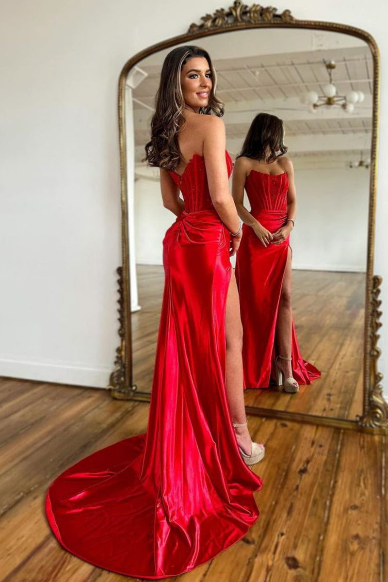 Load image into Gallery viewer, Sparkly Red Sheath Corset Long Prom Dress with Lace
