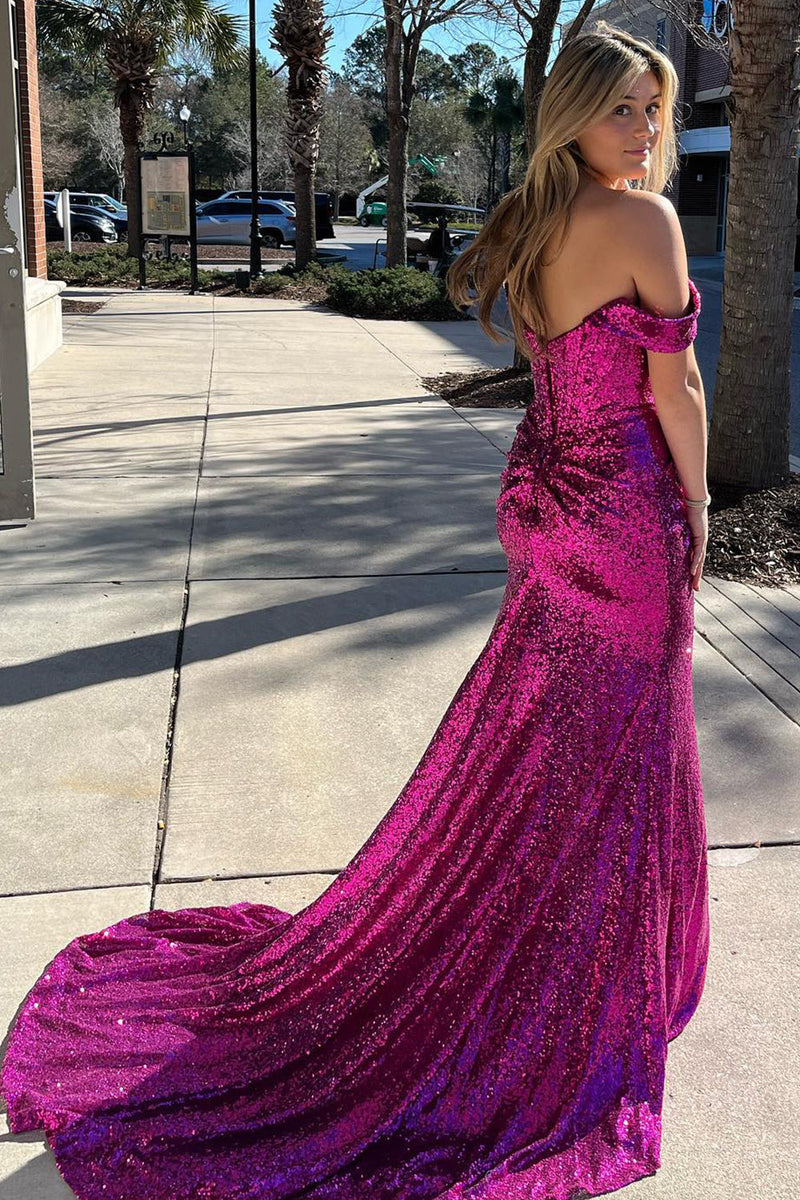 Load image into Gallery viewer, Dark Green Off Shoulder Mermaid Prom Dress with Slit