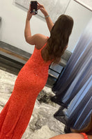 Load image into Gallery viewer, Mermaid V Neck Fuchsia Sequins Long Prom Dress