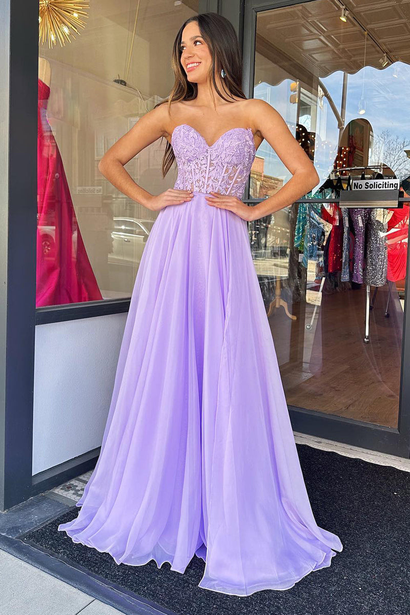 Load image into Gallery viewer, Lilac Corset A-Line Sweetheart Long Chiffon Prom Dress with Slit