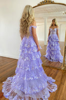 Load image into Gallery viewer, Sparkly Black Off The Shoulder Tiered Corset Prom Dress