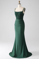 Load image into Gallery viewer, Dark Green Mermaid Spaghetti Straps Long Corset Prom Dress