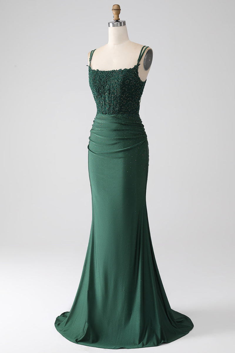 Load image into Gallery viewer, Dark Green Mermaid Spaghetti Straps Long Corset Prom Dress