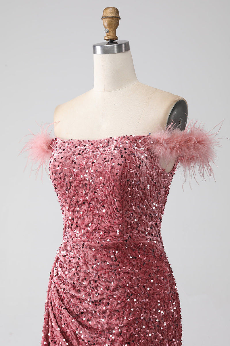 Load image into Gallery viewer, Mermaid Off the Shoulder Blush Sequins Prom Dress with Slit