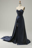 Load image into Gallery viewer, A Line Sweetheart Navy Long Prom Dress with Split Front
