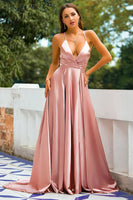 Load image into Gallery viewer, Pink A Line Satin Long Prom Dress With Slit