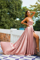 Load image into Gallery viewer, Pink A Line Satin Long Prom Dress With Slit