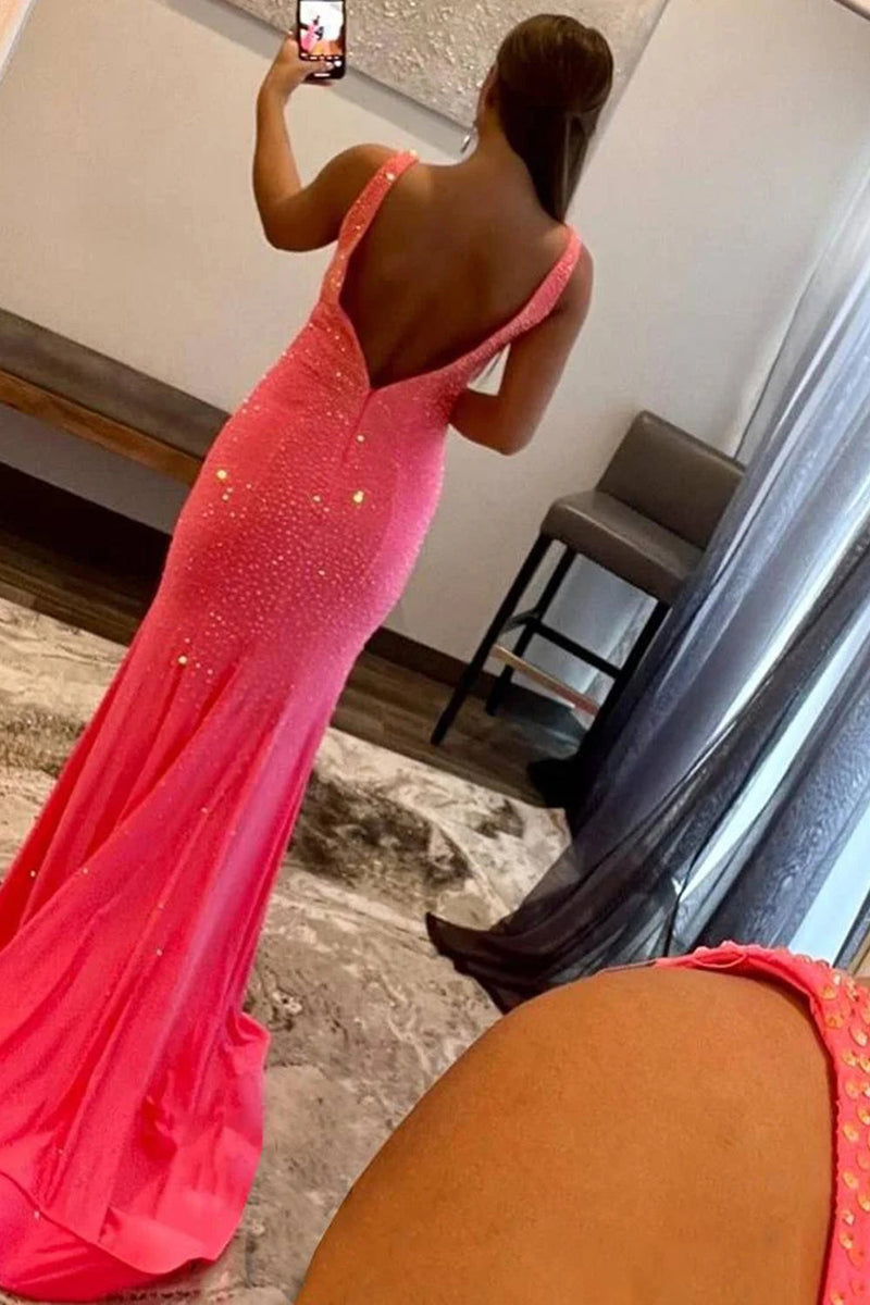 Load image into Gallery viewer, Mermaid Deep V Neck Orange Long Prom Dress with Beading
