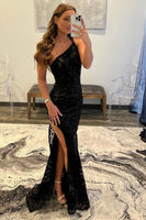 Load image into Gallery viewer, Sheath One Shoulder Red Sequins Long Prom Dress with Split Front