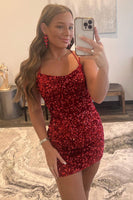 Load image into Gallery viewer, Red Tight Sequins Backless Homecoming Dress
