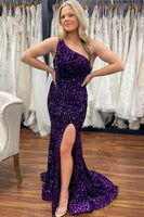 Load image into Gallery viewer, Sheath One Shoulder White Sequins Long Prom Dress with Split Front