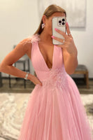 Load image into Gallery viewer, Light Pink V-Neck Tulle Long Prom Dress with Open Back