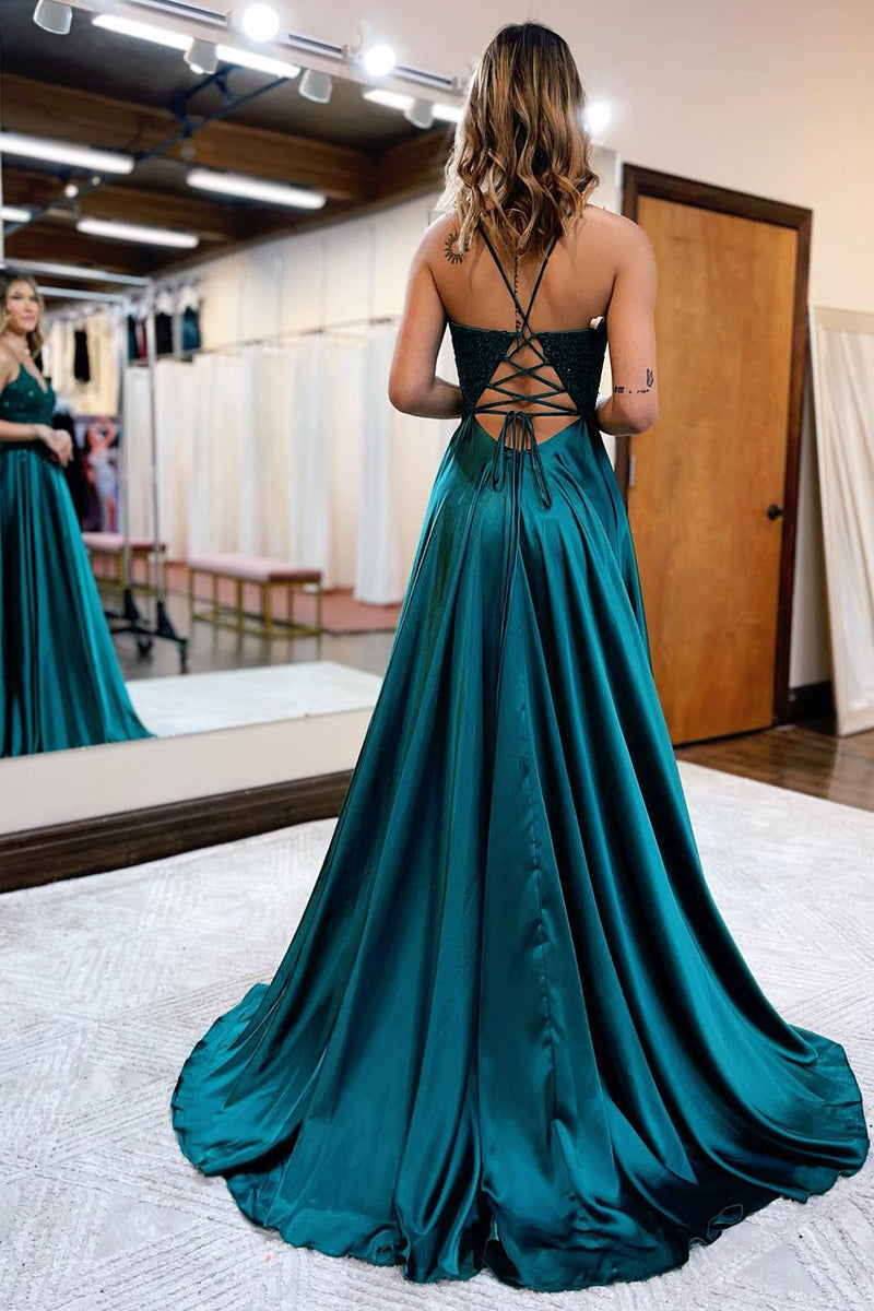 Load image into Gallery viewer, Dark Green Satin A-Line Appliques Prom Dress with Slit